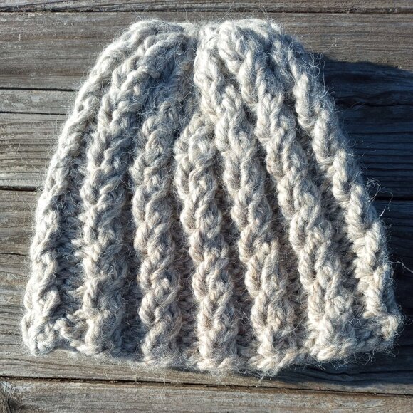 Alpaca Beanie Skully Hat Men Thick Chunky Hand Knit Wool Rib Barn Owl Beige L XL - Picture 6 of 9